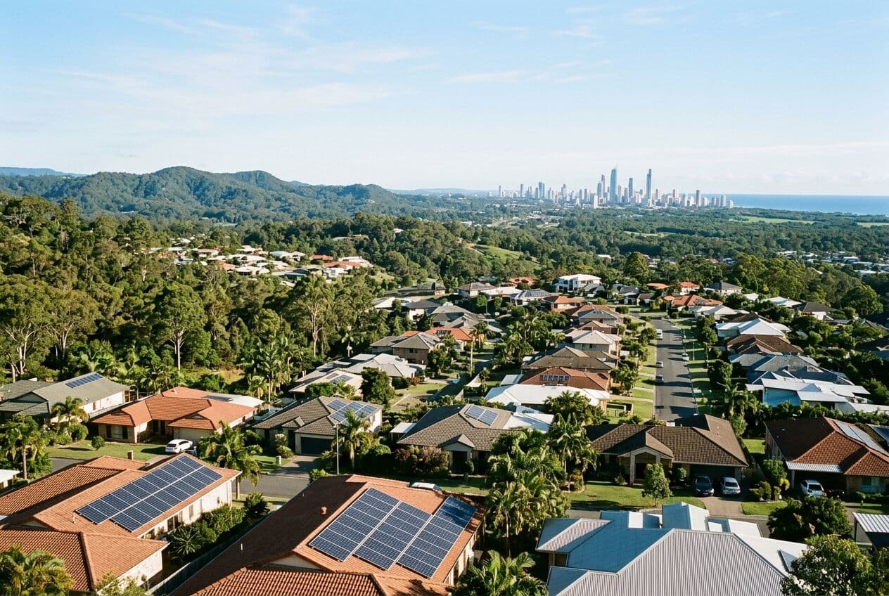 Illustration of suburban rooftops with solar panels in the Gold Coast hinterland, with the Surfers Paradise towers on the horizon.