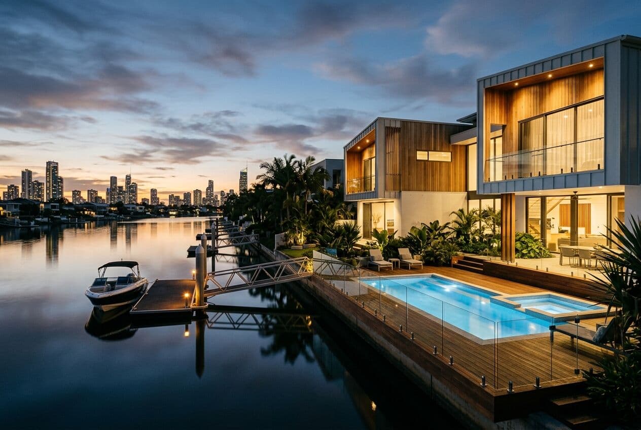 Illustration of a modern waterfront house with a lit pool on a Gold Coast canal at dusk, high-rises in the distance.